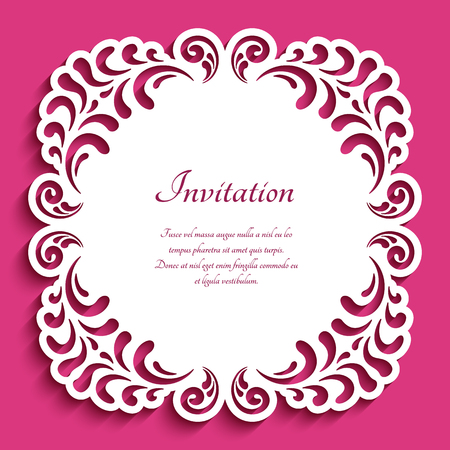 Square frame with lace border pattern, cutout paper ornament, vector template for laser cutting, elegant decoration for wedding invitation cardのイラスト素材