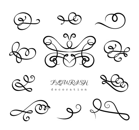 Vintage calligraphic flourishes and curlicues, vector set of decorative design elements in retro style, elegant scroll embellishment on whiteのイラスト素材