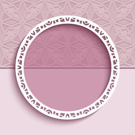 Round vector frame with cutout paper border pattern on pink background. Elegant decoration for wedding invitation or greeting card design.のイラスト素材