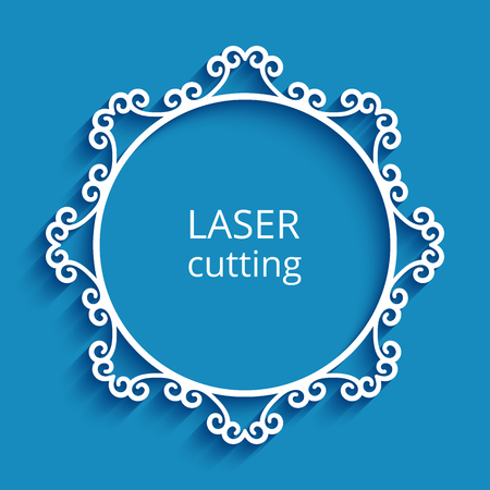 Round vector frame with ornamental border, cutout paper circle pattern, template for laser cuttingのイラスト素材