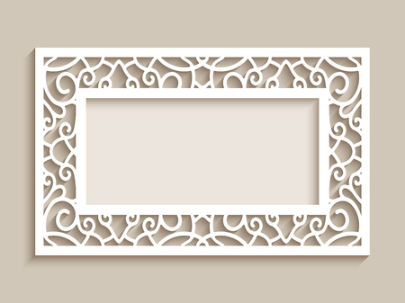 Rectangle frame with ornamental lace border, cutout paper decoration, wedding invitation or greeting card design, laser cutting templateのイラスト素材