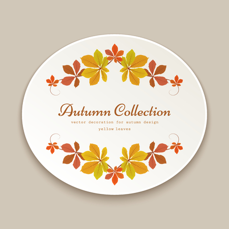 Autumn label, oval sticker with fallen yellow leavesのイラスト素材