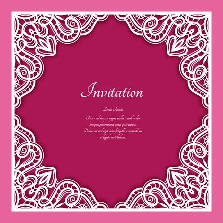 Square frame with lace border ornament, vintage template for laser cutting or plotter printing, cutout paper decoration for wedding invitation card with place for textのイラスト素材