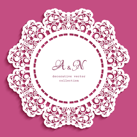 Round lace doily with cutout border ornament, template for laser cutting, circle lacy decoration for wedding invitation cardのイラスト素材