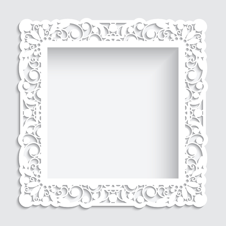 Square photo frame with cutout paper swirls, curly border ornament, vector template for laser cutting, vintage lace decoration for greeting card or wedding invitation designのイラスト素材