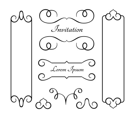 Vintage frames and flourishes, set of swirly decorative design elements in retro style, set of scroll embellishment on whiteのイラスト素材