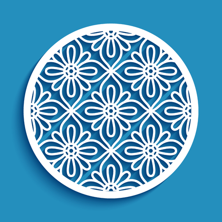 Round panel with lace pattern, elegant circle ornament, cutout paper vector decoration, stencil template for laser cuttingのイラスト素材