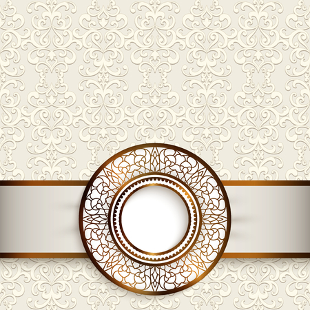 Vintage greeting card with ornamental gold label on lace background, wedding invitation or save the date card templateのイラスト素材