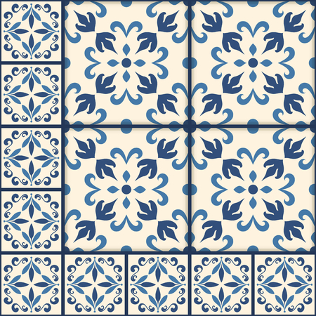 Blue and white ornate Portuguese tiles. Traditional azulejo patterns. Simple mandala ornaments. Set of ornamental ceramic tiles in Lisbon style. Decorative maiolica design.のイラスト素材