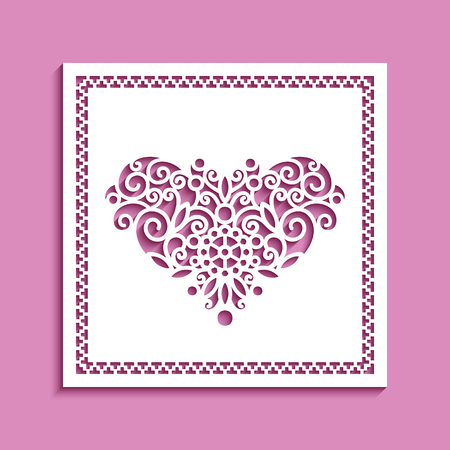 Square panel with cutout heart pattern, lace doily, vector template for laser cutting, ornamental decoration for wedding invitation or Valentines day card design,のイラスト素材