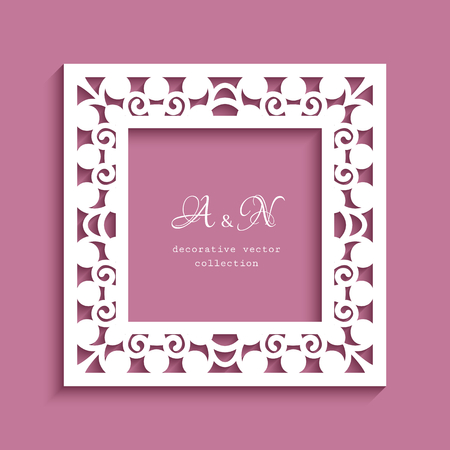 Square frame with cutout paper border and place for text, vector template for laser cutting, ornamental lace decoration for photo frame or wedding invitation designのイラスト素材