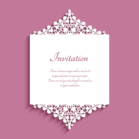 Wedding invitation or save the date card with cutout borders and place for text, ornamental lace decoration, elegant template for laser cuttingのイラスト素材