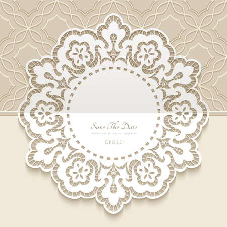 Vintage lace doily, round frame with cutout paper border pattern, ornamental decoration for wedding invitation card designのイラスト素材