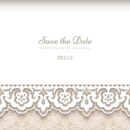 Vintage background with ornamental lace border, elegant wedding invitation or save the date card templateのイラスト素材