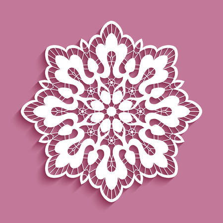 Round lace doily, cutout paper pattern, decorative snowflake, ornamental circle mandalaのイラスト素材