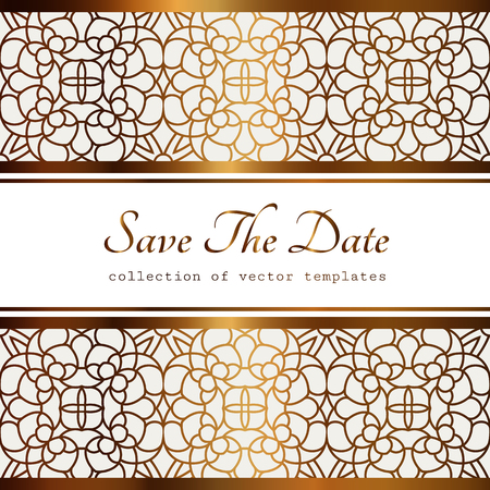 Vintage gold frame with lace border pattern, filigree line art label, ornamental golden background, elegant save the date or wedding invitation card templateのイラスト素材