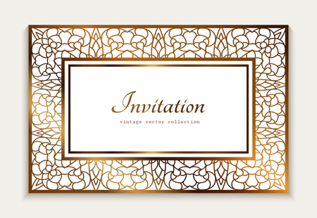 Vintage gold rectangle frame with ornamental lace border, template for laser cutting, elegant wedding invitation card designのイラスト素材