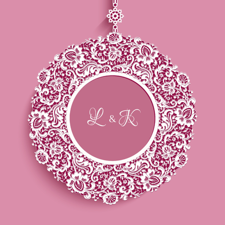 Vintage round frame with lace border pattern, ornamental circle decoration for wedding invitation designのイラスト素材