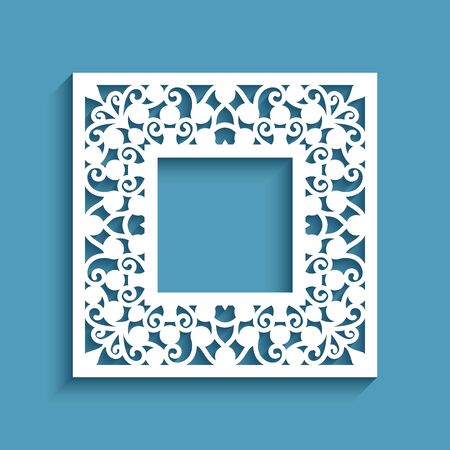Square frame with cutout paper border, template for laser cutting, ornamental lace decoration for wedding invitation design with place for textのイラスト素材