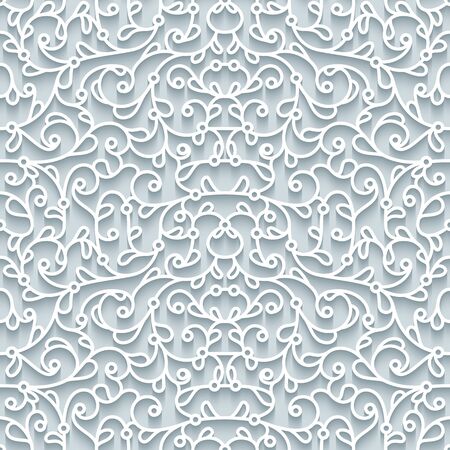 Curly lace texture, abstract seamless pattern with cutout paper swirls, filigree vector ornament on neutral backgroundのイラスト素材