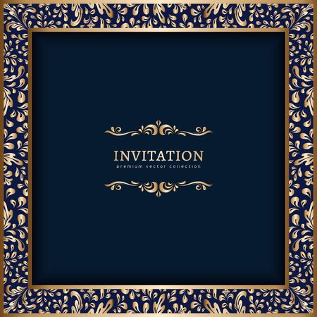 Vintage gold frame with scroll border pattern. Golden square decoration on dark blue background. Ornamental photo frame design. Place for text.のイラスト素材