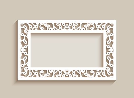 Rectangle frame with ornamental lace border. Cutout paper decoration for wedding invitation or save the date card design. Elegant template for laser cuttingのイラスト素材