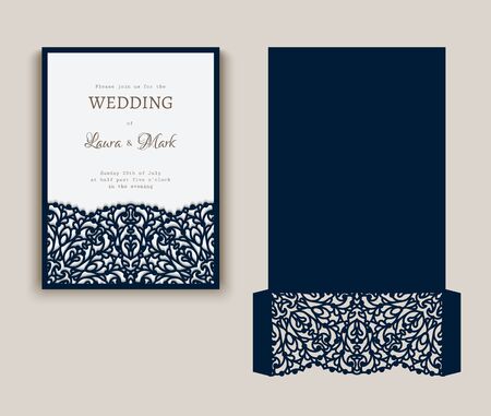 Cutout folding envelope for wedding invitation card with lace border pattern. Save the date card mock up. Elegant template for laser cutting.のイラスト素材