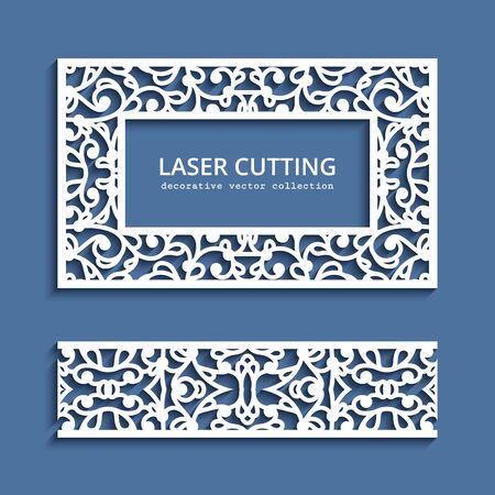 Rectangle frame and seamless border pattern. Cutout paper decoration. Template for laser cutting or wood carving. Elegant lace ornament for invitation card designのイラスト素材