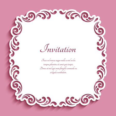 Square lace doily under cake with cutout paper swirls. Elegant template for laser cutting. Ornamental frame decoration for wedding invitation or save the date card design.のイラスト素材