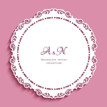 Round lace doily under cake with cutout paper pattern. Elegant template for laser cutting. Ornamental circle decoration for wedding invitation card design.のイラスト素材