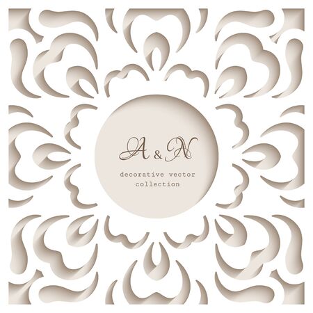 Vintage frame with lace pattern, cutout paper background, elegant decoration for wedding invitation card or packaging design. Template for laser cutting.のイラスト素材