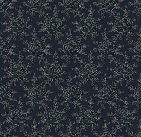 Golden roses on dark blue, seamless floral pattern, elegant ornamental background for wedding invitation card or packaging designのイラスト素材