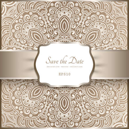 Vintage beige ornamental background with floral lace pattern, shiny label with satin ribbon, elegant decoration in neutral color for wedding invitation or packaging design.のイラスト素材