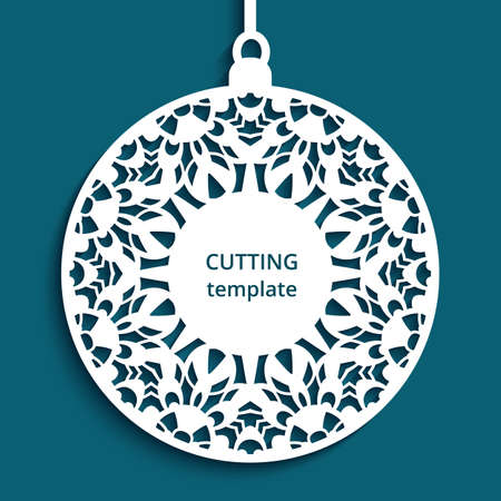 Christmas decoration with lace pattern, cutout paper bauble hanging, round xmas ornament, label, template for laser cutting. Place for text.のイラスト素材