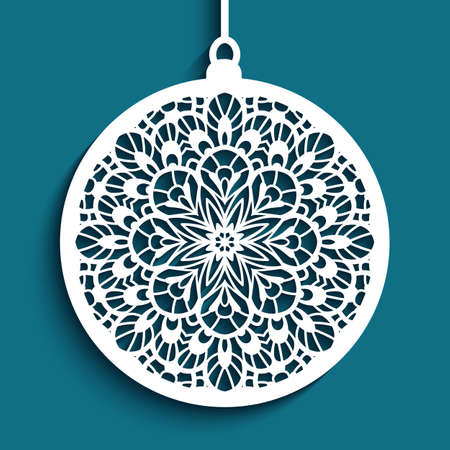 Christmas ornament with lace pattern, cutout paper bauble hanging on ribbon, round xmas decoration, swirly template for laser cutting.のイラスト素材