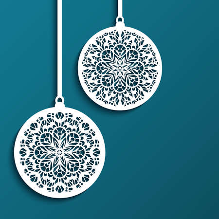 Christmas ornament with lace pattern, cutout paper baubles hanging on ribbon, round xmas decoration, swirly template for laser cutting.のイラスト素材
