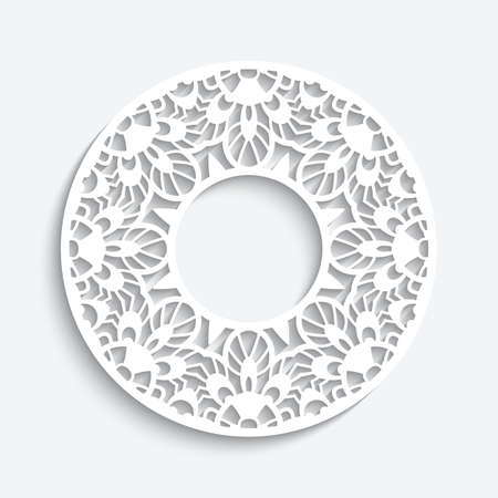 Round frame with cutout paper pattern. Elegant template for laser cutting. Circle ornamental label. White lace decoration for wedding invitation card or scrapbook design. Place for text.のイラスト素材