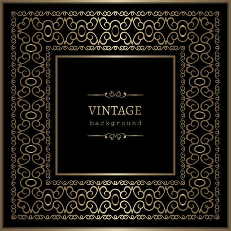 Vintage gold square frame with lace border pattern on black background, elegant golden decoration for certificate decor or wine label design. Place for text.のイラスト素材