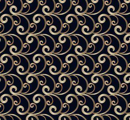 Vintage gold scroll pattern with floral swirls in rococo style. Elegant seamless golden texture on black background.のイラスト素材