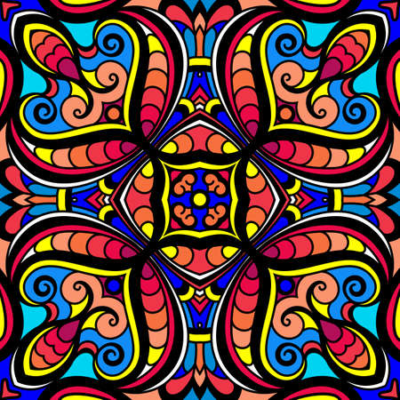 Abstract multicolored ornament, seamless pattern in bright colors, square ornamental decorative tile, stained glass mosaic backgroundのイラスト素材