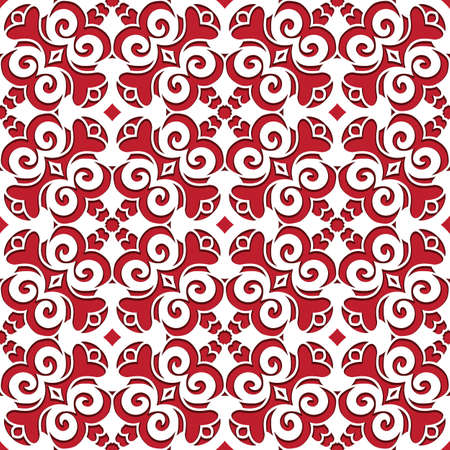 Seamless lace texture, paper cut pattern, abstract swirly ornament on red backgroundのイラスト素材