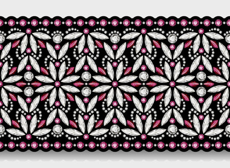 Diamond jewellery border pattern. Elegant jewelry necklace or bracelet decoration with diamonds and ruby gemstones on white background. Wide ribbon with embroidered ornament in boho style.のイラスト素材