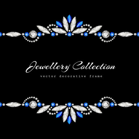 Elegant jewellery frame with diamonds border ornament, vintage jewelry vignette with sapphire gemstones on black background. Jewellery flourish decoration for fashion design.のイラスト素材