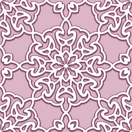 Seamless lace texture, swirly line pattern, abstract stencil ornament, cut paper decoration, ornate background in pink colorのイラスト素材