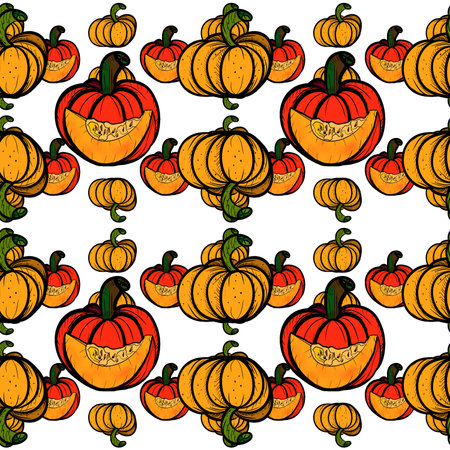 Seamless pattern with pumpkins on green background. Vector illustration.