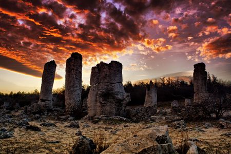 Phenomenon rock formations in Bulgaria around Varna - Pobiti kamani. National tourism place. Upright stone. Earth pillar in Bulgariaの写真素材
