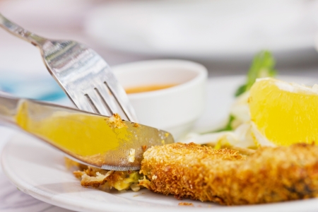 Chicken stick with sauce and lemonの写真素材