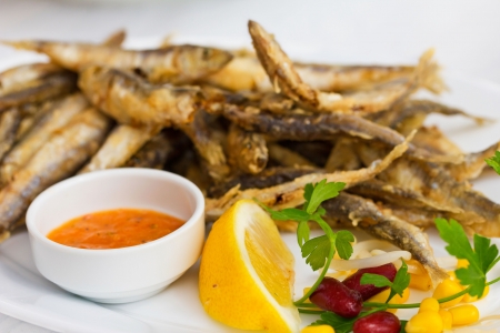 Fried fresh sprat fish with souce  Good seafood の写真素材