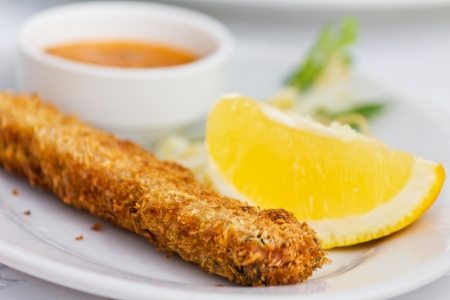 Chicken stick with sauce and lemonの写真素材