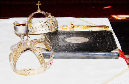 Ancient holy bible on old altar.の写真素材